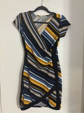 Almost Famous Striped Wrap-Style Dress in Navy, Mustard & Light Blue